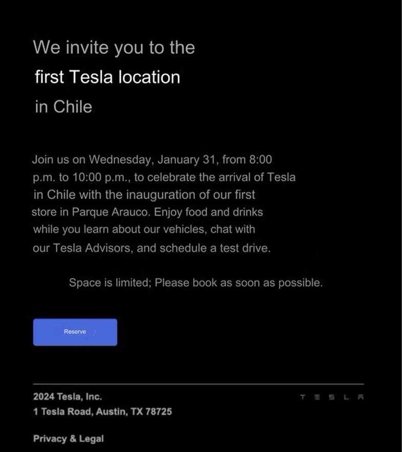 Invitación de Tesla recibida por mail 